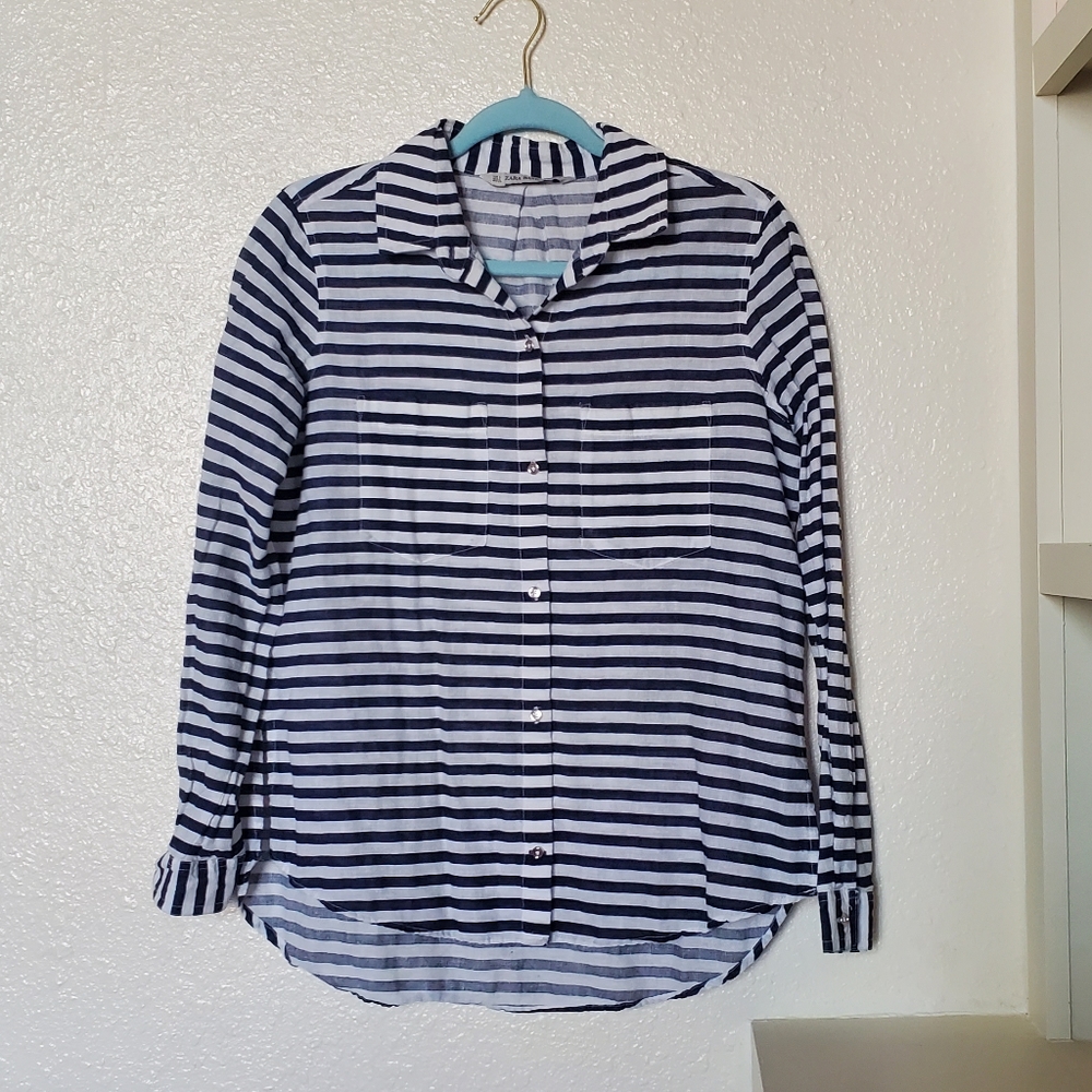 Zara Blue and White Striped Button Up Shirt